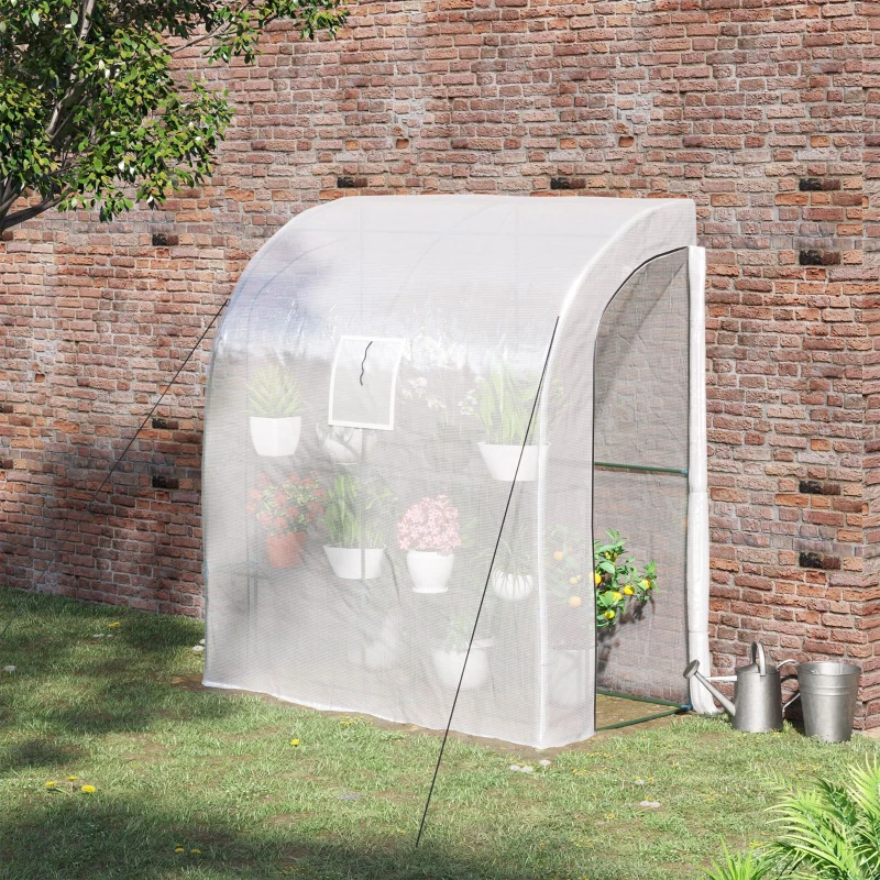 Outsunny Walk-In Lean to Wall Greenhouse with Windows and Doors, Outdoor Green House with 3 Tiers 4 Wired Shelves, 200L x 100W x 215Hcm, White