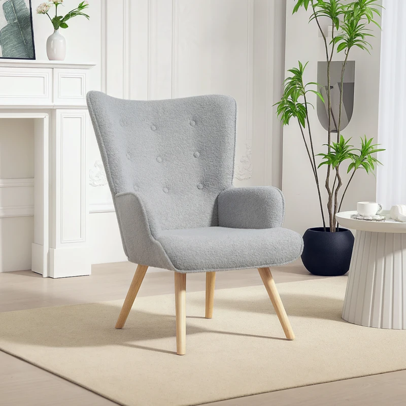 HOMCOM Fauteuil de salon en tissu bouclette, fauteuil capitonné et rembourré avec pieds en bois, 71 x 74 x 96 cm, gris clair