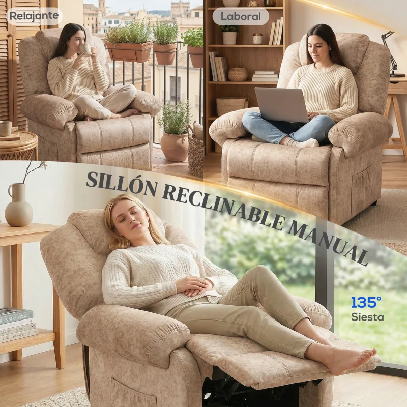 HOMCOM Sillón Relax Reclinable Manual, Sillón Relax de Terciopelo con Reposabrazos, Reposapiés, Acolchado Grueso, Butaca Reclinable hasta 135º para Salón, Dormitorio, Oficina, Beige