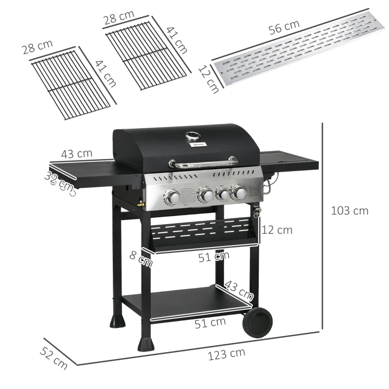 Outsunny Four-Burner Steel Gas Grill, with Thermometer - Black
