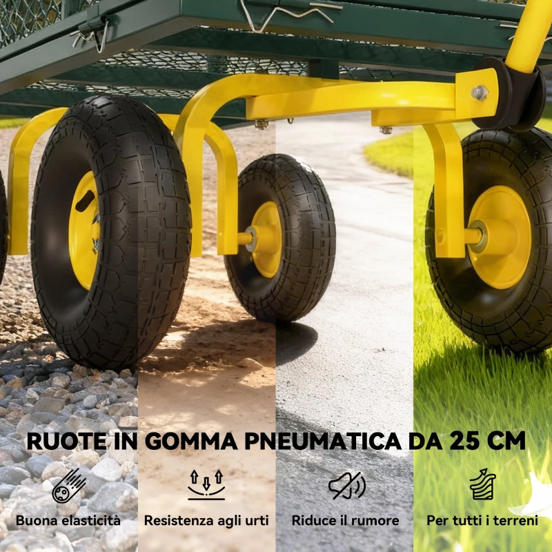 Outsunny Carrello da Giardino in Acciaio con Capacità 200 kg e Pareti Laterali Rimovibili, 104x54x51 cm, Verde e Giallo