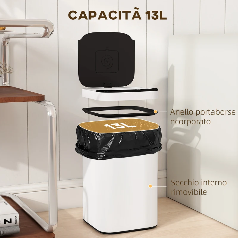 HOMCOM Bidone per Immondizia da 13L con Sensore e Spazio per Deodoranti, in Acciaio e PP, 24x24x41 cm, Bianco e Nero