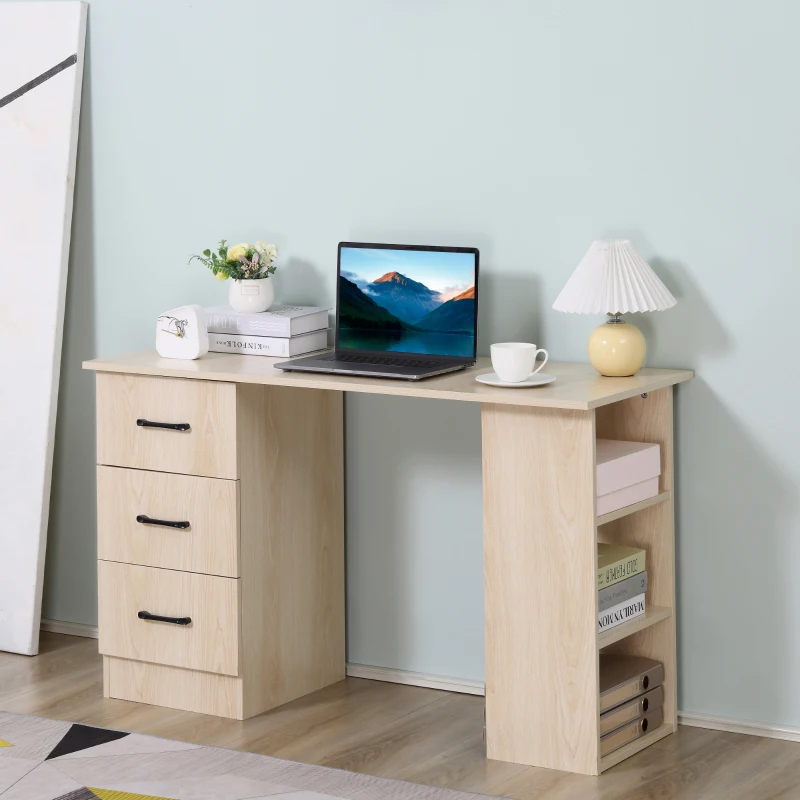HOMCOM Schreibtisch Computertisch Bürotisch Arbeitstisch Regal mit 3 Schubladen Regale Natur 120 x 49 x 72 cm