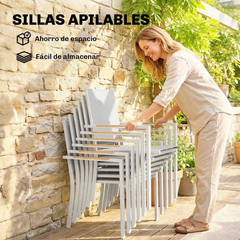 Outsunny Conjunto de Mesa y Sillas Jardín con Mesa de Plástico PSPC y 6 Sillas Apilables Transpirables para Terraza Patio Blanco