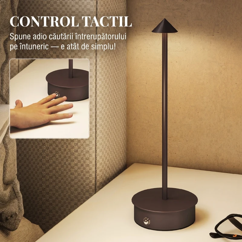 HOMCOM Lampă de Masă Touch Reîncărcabilă cu USB, Reglabilă 3000K/4500K/6000K, Autonomie 4-8 Ore, Cafeniu