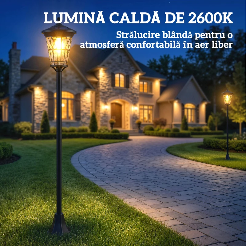 Outsunny Set de 2 Felinare Solare de Grădină 1.86 m, Lămpi de Exterior din Oțel Inoxidabil cu Înălțime Reglabilă, 2 Moduri de Lumină, IP44 Impermeabil pentru Terasă Curte Alei