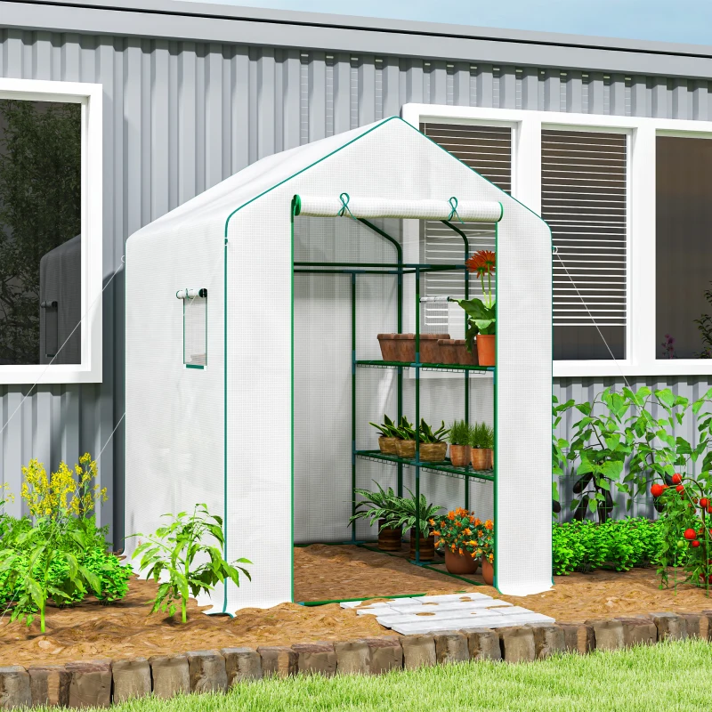 Outsunny Serre de jardin avec 1 porte 2 fenêtres étagères 3 niveaux pour Légumes Plantes Fleurs Bâche PE 140 x 143 x 190 cm blanc