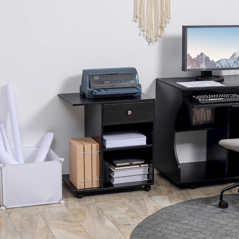 Vinsetto Mobile Porta Stampante in Legno Nero con 1 Cassetto, 2 Ripiani e Mensola CPU, per Ufficio 60x40x68.5cm