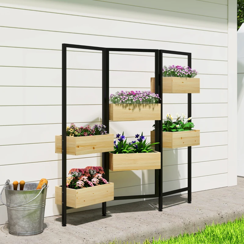 Outsunny Blumenkasten mit Sichtschutz, Hochbeet mit Klappbarem Spalier, 6 Pflanzkästen mit Ablauflöchern, Stahl