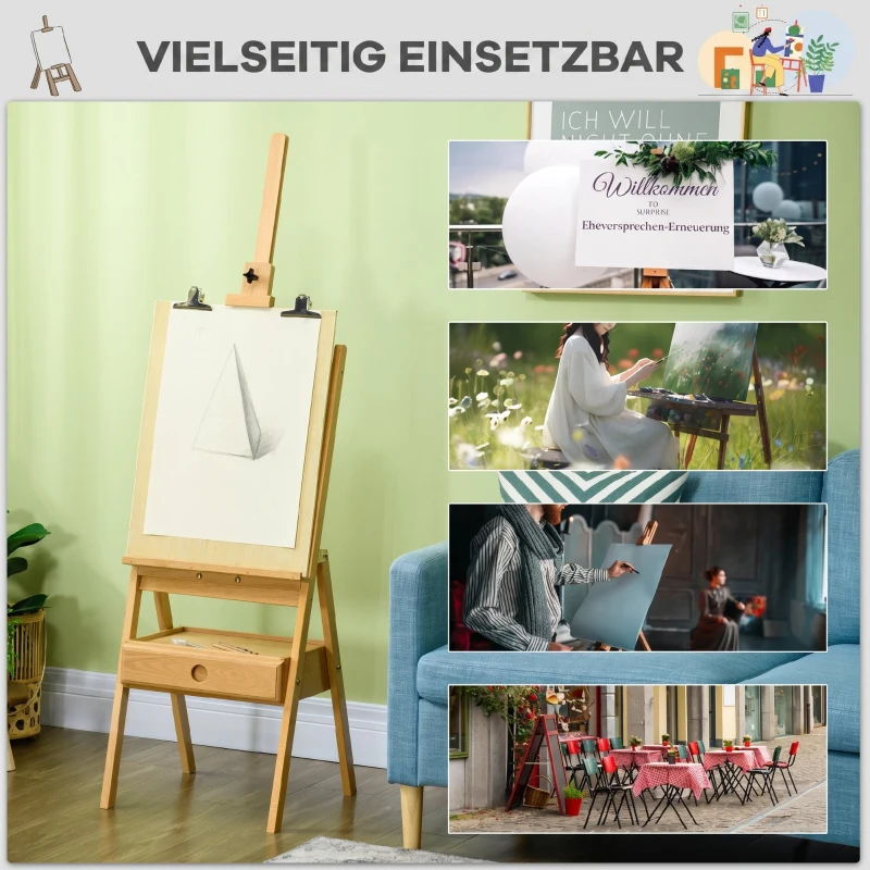 Vinsetto Șevalet de Pictură Reglabil cu Sertar Inferior, Șevalet din Lemn de Fag, 43,5x43x150-190 cm, Culoare Lemn