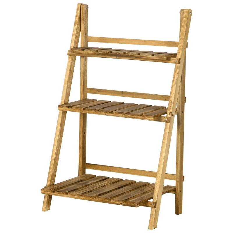 Outsunny Wooden Folding Flower Pot Stand 3 Tier Garden Planter Display Ladder Gardener Storage Shelves Rack Herb Holder (60L x 37W x 93H cm)