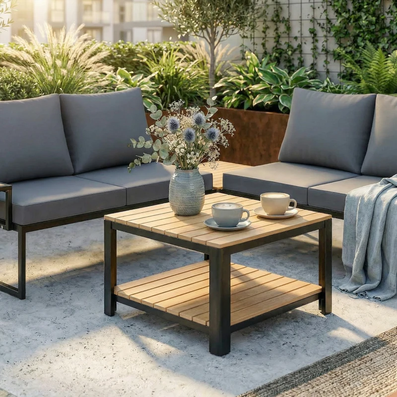 Outsunny 4 Seater Metal Garden Furniture Set, Corner Garden Sofa Set with 2 Loveseats, 2 Nesting Tables, Arm Side Trays, Teak