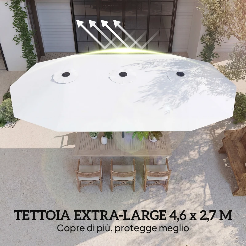 Outsunny Ombrellone Doppio a 12 Stecche con Manovella, in Metallo e Poliestere, 4.6x2.7 m, Bianco