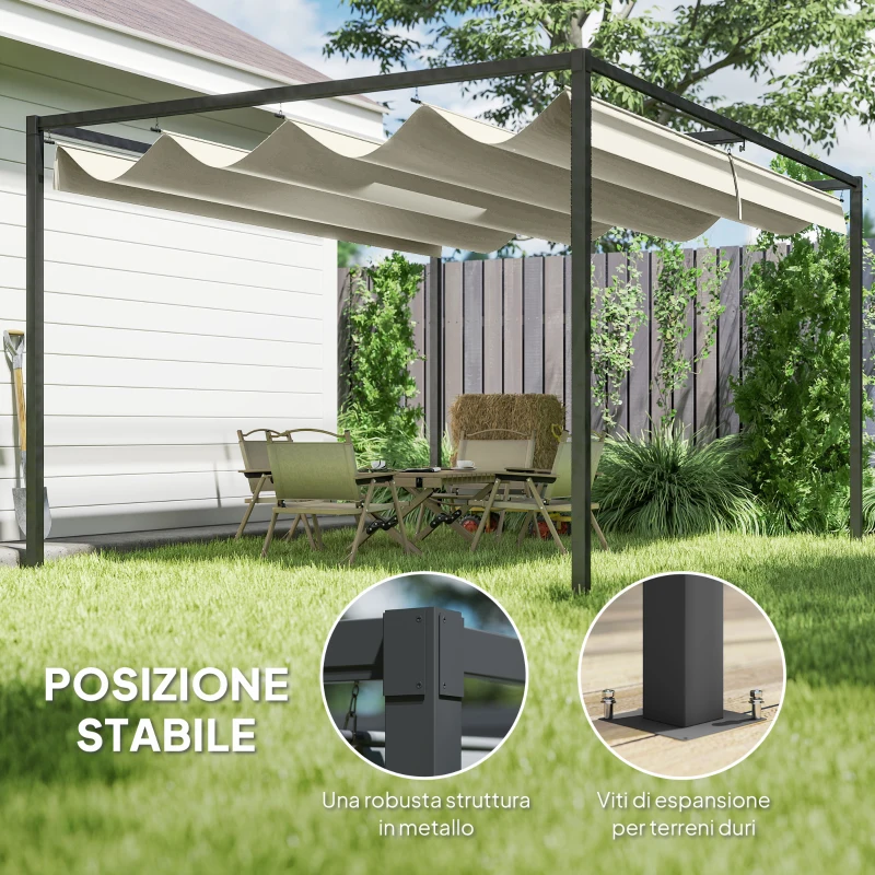 Outsunny Pergola Gazebo da Esterno 4x3 m con Tettuccio Retrattile in Metallo e Poliestere, Crema