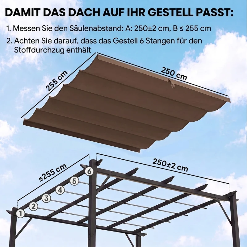 Outsunny Ersatzdach für 3 x 3 m Pergola, einziehbar, mit Regenabflusslöchern, wetterfest, Polyester, 250 x 255 cm Kaffee