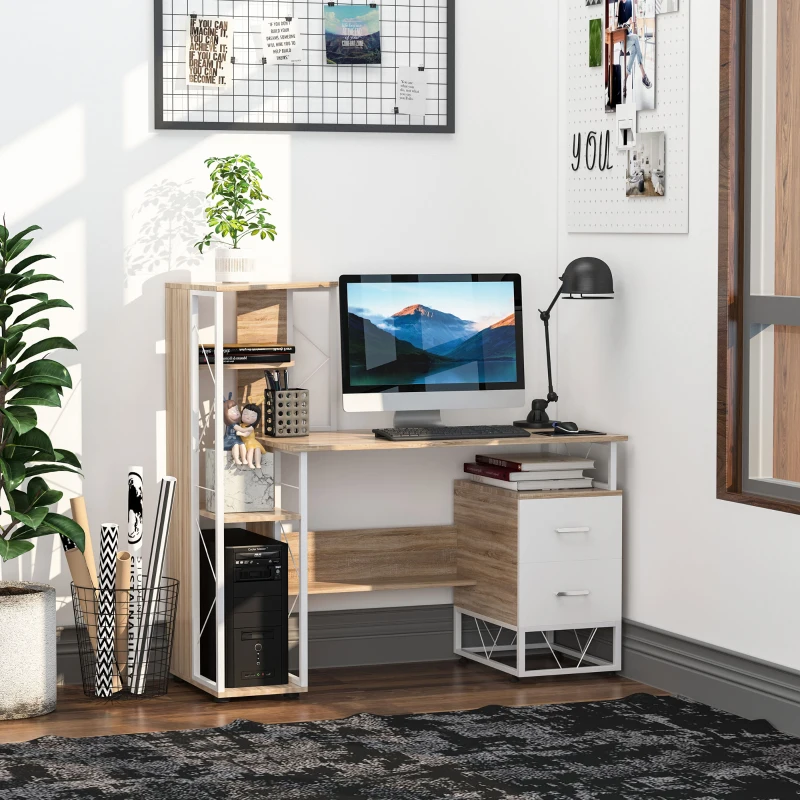 HOMCOM Escritorio con Estantería Librería Mesa de Ordenador PC con Superficie de 110 cm 2 Cajones y Múltiples Estantes para Oficina Estudio Despacho 133x55x123 cm Roble