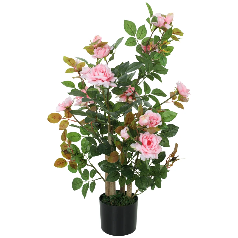 HOMCOM 90cm Artificial Rose Tree, Decorative Fake Plant with 344 Silk Leaves 17 Flowers for Outdoor Indoor Decor, Pink
