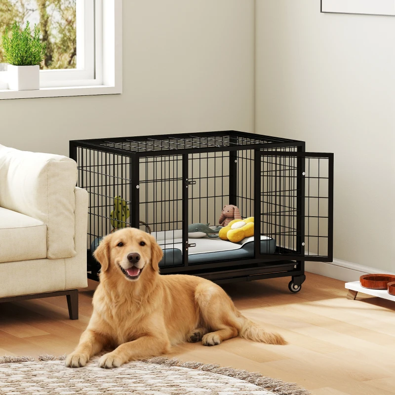 PawHut Jaula de Metal para Perros con Ruedas y Frenos Bandeja Extraíble y Puerta con Pestillo para Golden Retriver Labrador 92x62x75 cm Negro