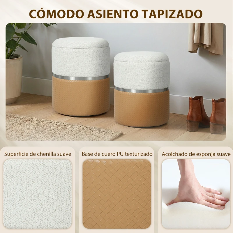 HOMCOM Juego de 2 Puff Almacenaje Tapizados en Chenilla y PU Asiento Acolchado para Pasillo Dormitorio Marrón y Crema