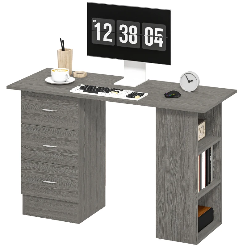 HOMCOM Birou pentru PC cu 3 Sertare și 3 Rafturi, Birou pentru Cameră și Birou din MDF 120x49x72 cm, Gri