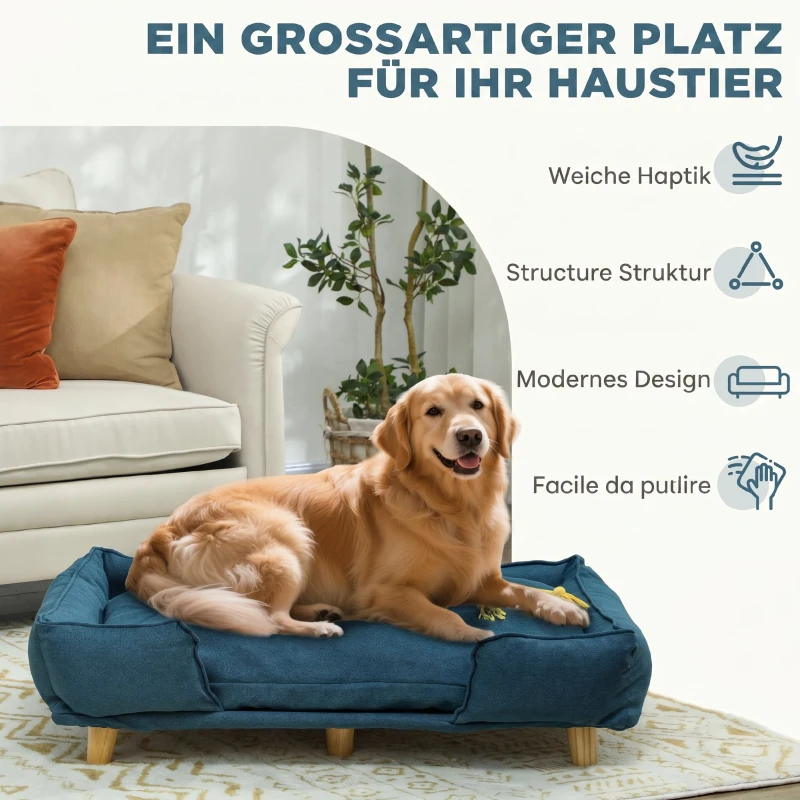 PawHut Canapea Lettino pentru Câini Mari de până la 30 kg de Interior cu Pernă Detașabilă, 96x66x24 cm, Albastru