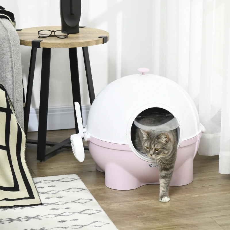 PawHut Litiere pentru Pisici 4kg Max cu Capac și Lopățică Inclusă, 53x51x48 cm, Albă și Roz