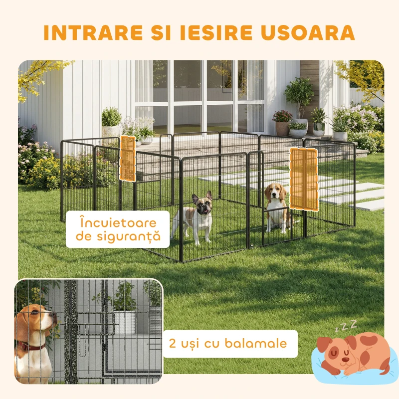 PawHut Țarc pentru câini cu 12 panouri modulabile de 80x100 cm, pliabil, cu ușă din oțel și 12 țăruși, gri
