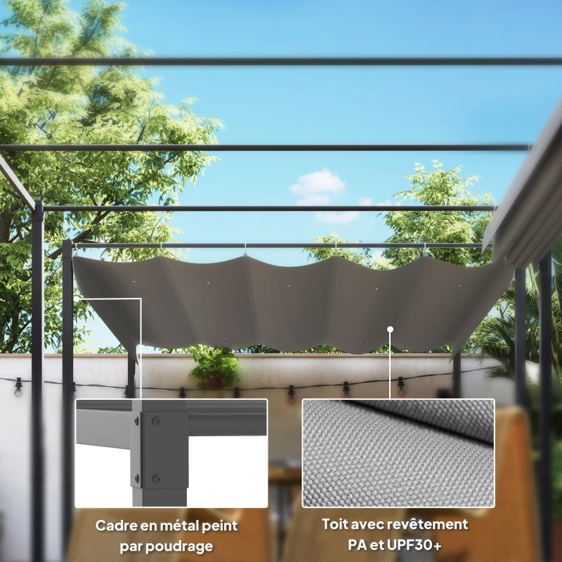 Outsunny Pergola Rétractable Coulissante 3 x 3 m tonnelle de Jardin à fixation magnétique Tissu Polyester Haute densité gris