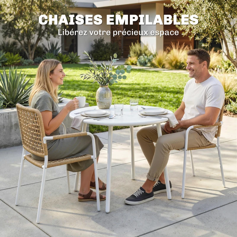Outsunny Lot de 2 Chaises de Jardin Empilables en Résine Tressée avec Accoudoirs et Dossier, 55x57x82cm, Jaune