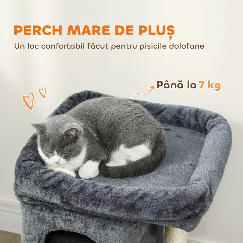 PawHut Turn pentru Pisici până la 7 kg cu 2 Căsuțe și Pat, Stâlp din Sisal și Acoperit cu Plus, Gri Închis