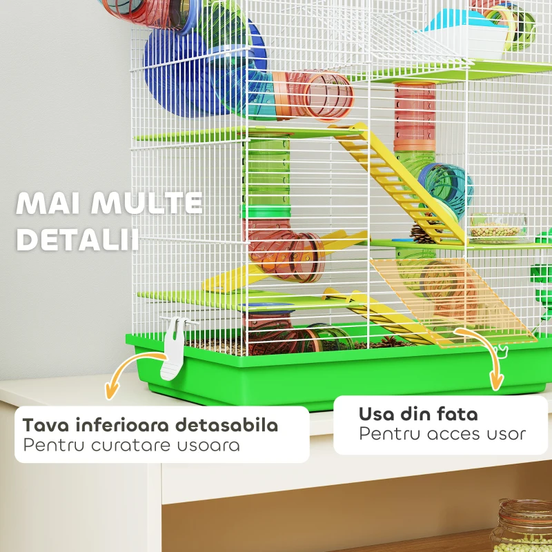 PawHut Cușcă pentru Hamsteri și Rozătoare Mici cu 5 Niveluri, Tubi Colorati, Roată, Căsuță și Accesorii Incluse, 47x30x59 cm, Verde