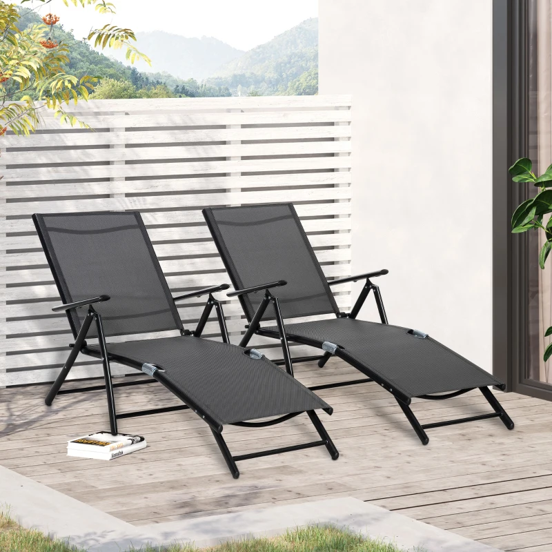 Outsunny Lot de 2 bain de soleil, chaise longue pliante, dossier réglable 7 positions, cadre en aluminium, 64x134x95cm, noir