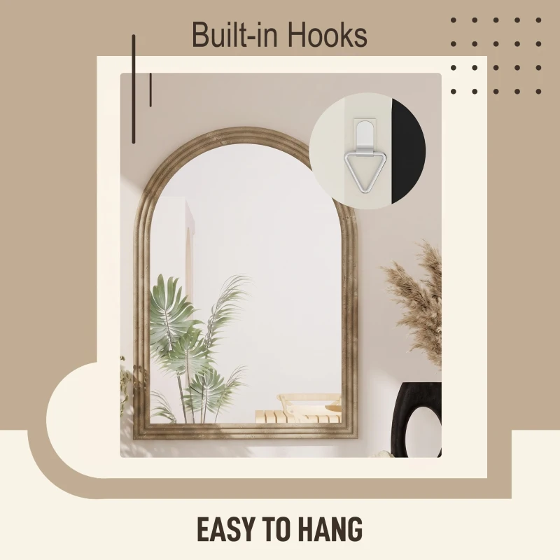 HOMCOM Modern Wall-Mounted Mirror, Arched Wall Mirror with Grooved Edge for Living Room, Entryway, Hallway, Brown