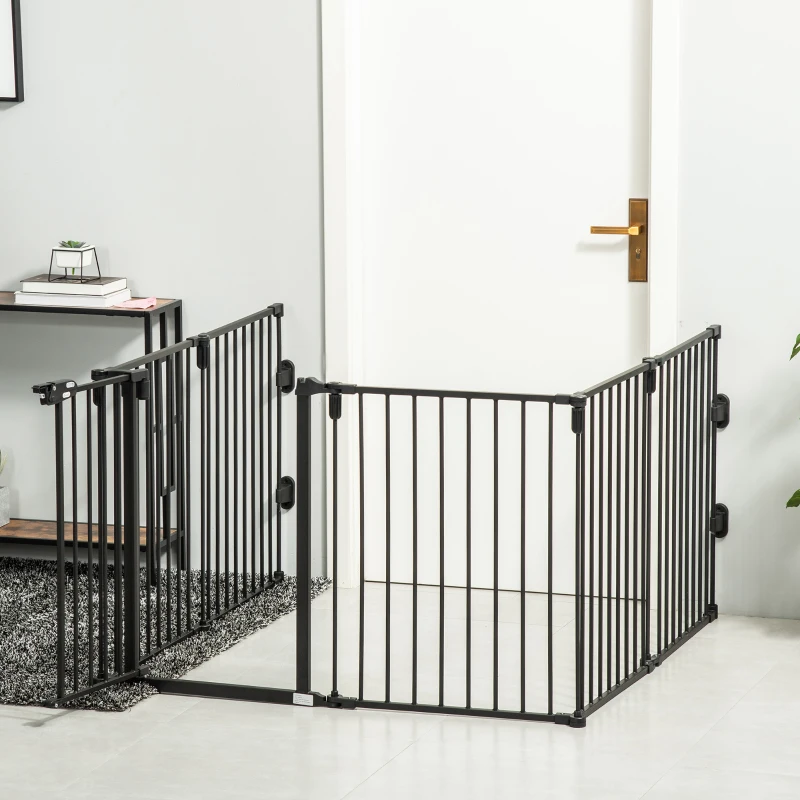 PawHut Dog Safety Gate 6-Panel Playpen Fireplace Christmas Tree Steel Fence Stair Barrier Room Divider Black