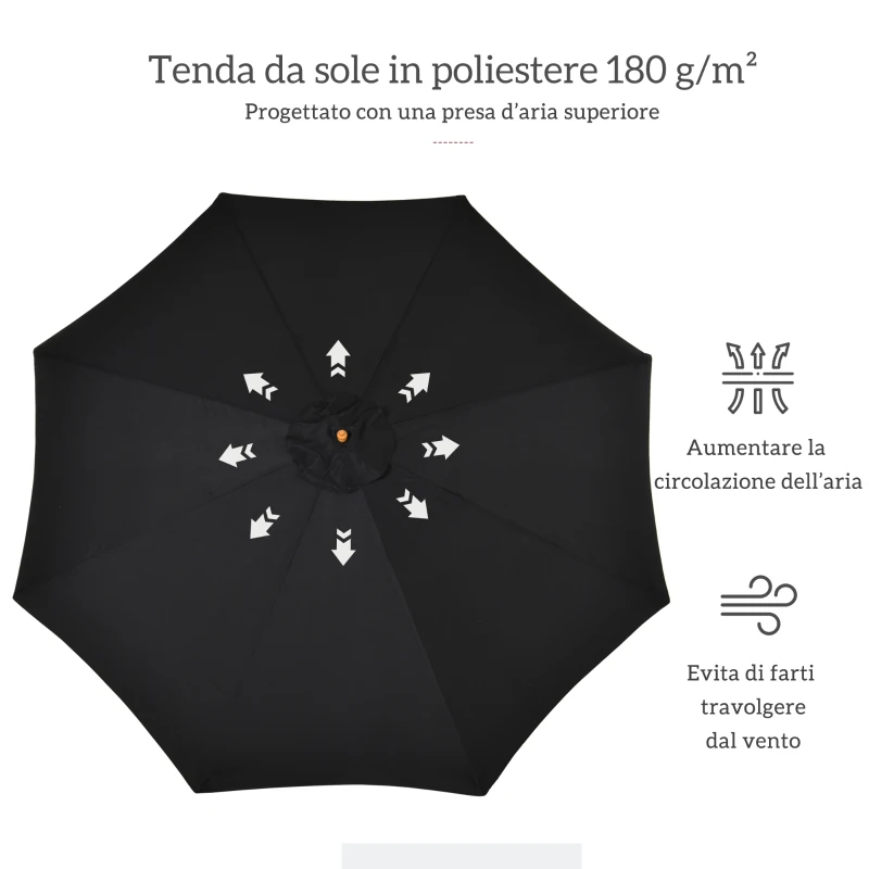 Outsunny Ombrellone da Giardino 3 m con Palo in Legno, 8 Stecche e Parasole in Poliestere, Nero