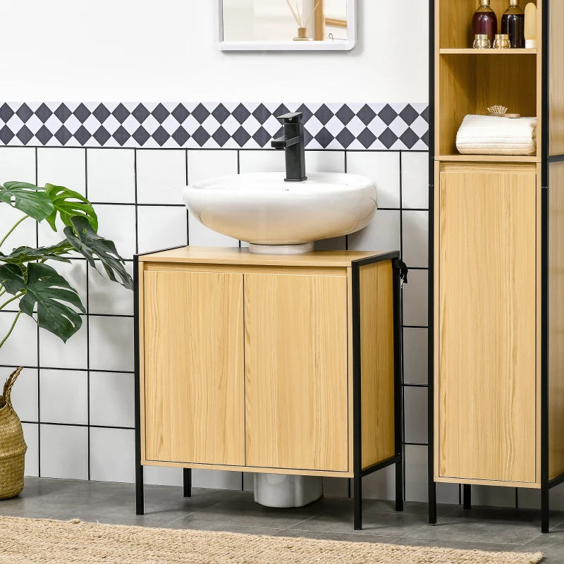 kleankin Móvel para Lavatório Pousar de Madeira com 2 Portas e Prateleira Interior Ajustável 60x30x62,5cm Madeira e Preto