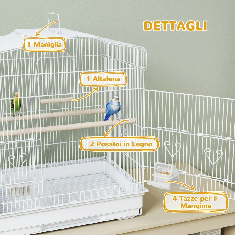 PawHut Gabbia per Uccellini Portatile con Maniglia, Vassoio Estraibile e 5 Porte, Posatoi e Altalena, Bianco