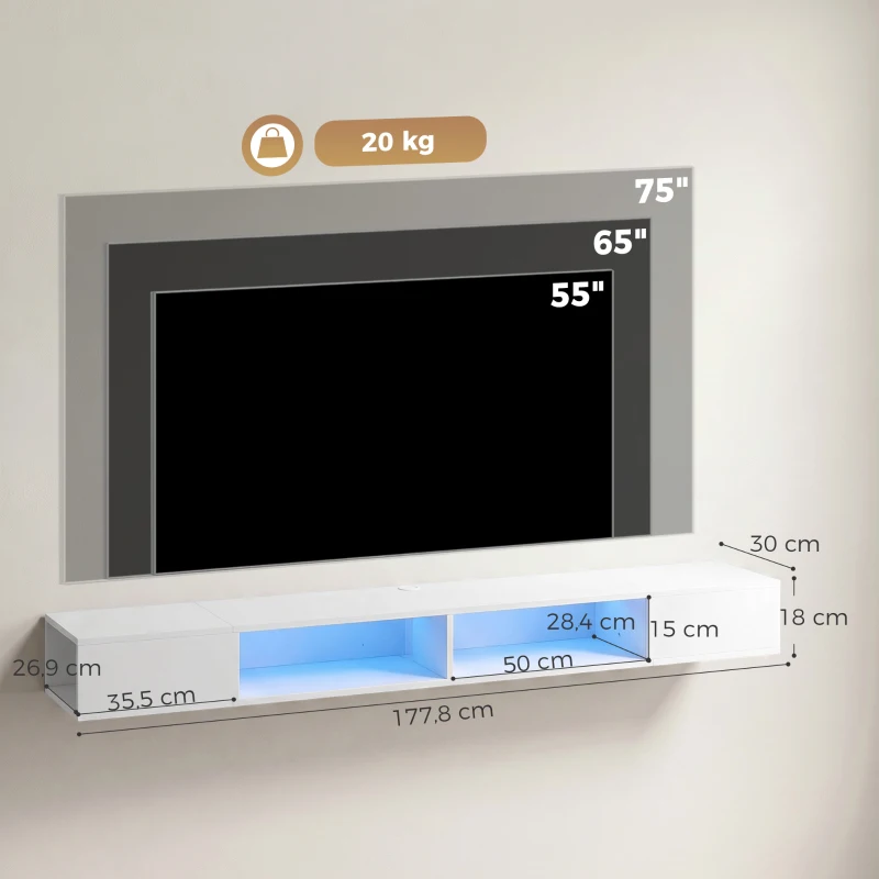 HOMCOM Mueble de TV Suspendido con Luces LED con Estantes Abiertos para Televisión 75 Pulgadas 177,8x30x18 cm Blanco