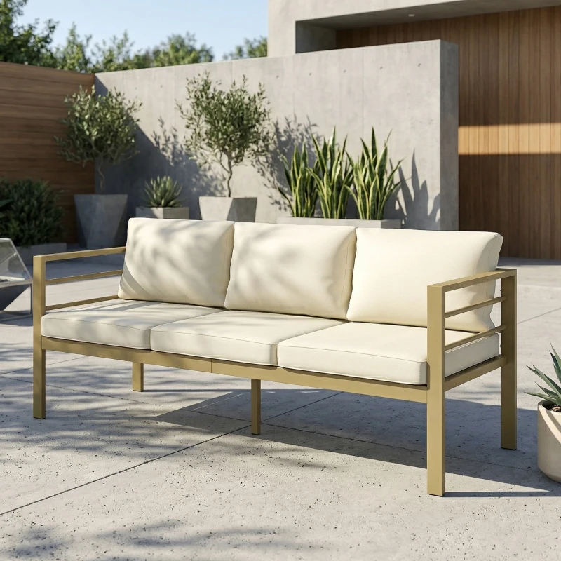 Outsunny Garden Bench with Cushions, 3-Seater Sofa with Backrest, Armrest and Back Cushions, 185 x 66 x 64cm, Cream White