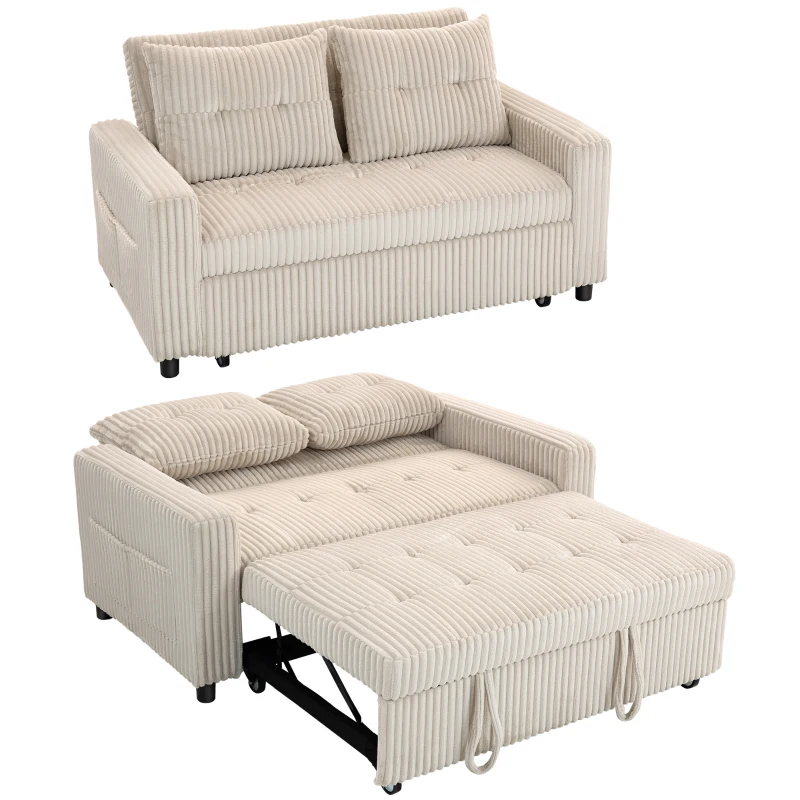 HOMCOM 2-Sitzer Sofabett, Cordbezug, zum Schlafsofa umwandelbar, 2 Kissen, Seitentaschen, 157 x 190 cm, Cremeweiß