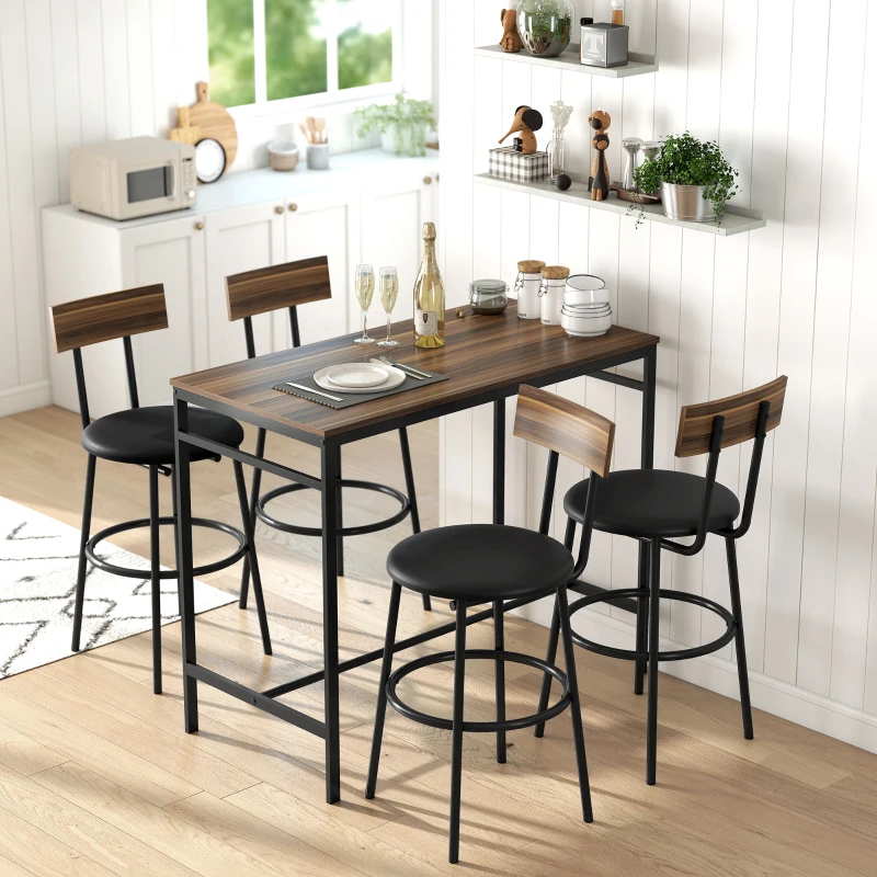 HOMCOM 5-teiliges Bartisch-Set mit 4 Stühlen, Industrielles Design, für Küche, Esszimmer, Holz, Stahl, Braun(m-9)