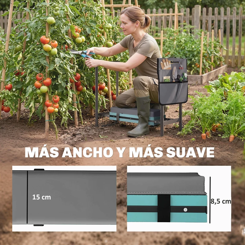 Outsunny Taburete de Jardín Plegable con Almohadilla de Espuma EVA Asiento de Jardín con Bolsa para Herramientas Gris Oscuro
