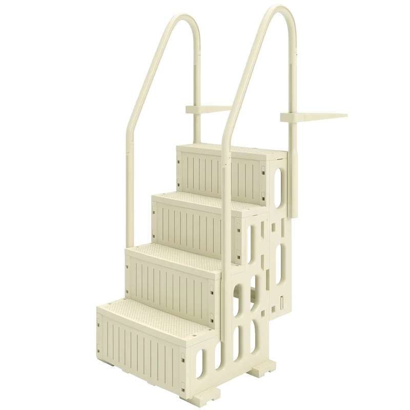 Outsunny Escalier de Piscine en HDPE avec 2 Rampes et 4 Marches pour Piscine Creusée 117-147 cm, 80,8x86x198,5cm, Crème