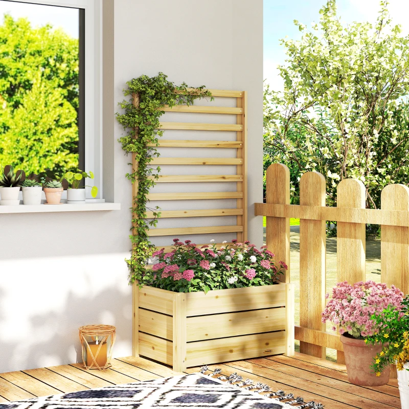 Outsunny Jardinière avec treillis, bac à fleurs avec brise-vue, trou de drainage et doublure intérieure, 60 x 39 x 120 cm, bois naturel
