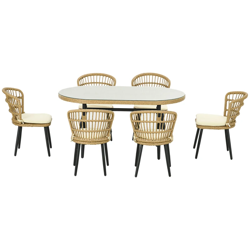 Outsunny Conjunto de Refeição de Vime Sintético de 7 Peças Inclui 6 Cadeiras com Almofadas e Mesa de Vidro Temperado Natural