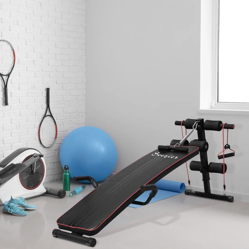 HOMCOM Banc de musculation appareil à abdo hauteur réglable 137,5L x 55,5l x 50-68H cm 2 bandes de résistances + ressort central traction acier noir rouge