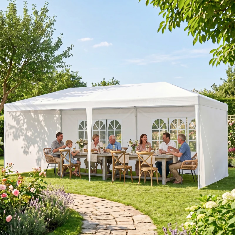 Outsunny Carpa de Jardín 6x3m con 4 Paredes Laterales 2 Ventanas Visibles Cenador Gazebo de Exterior para Fiestas Eventos Blanco