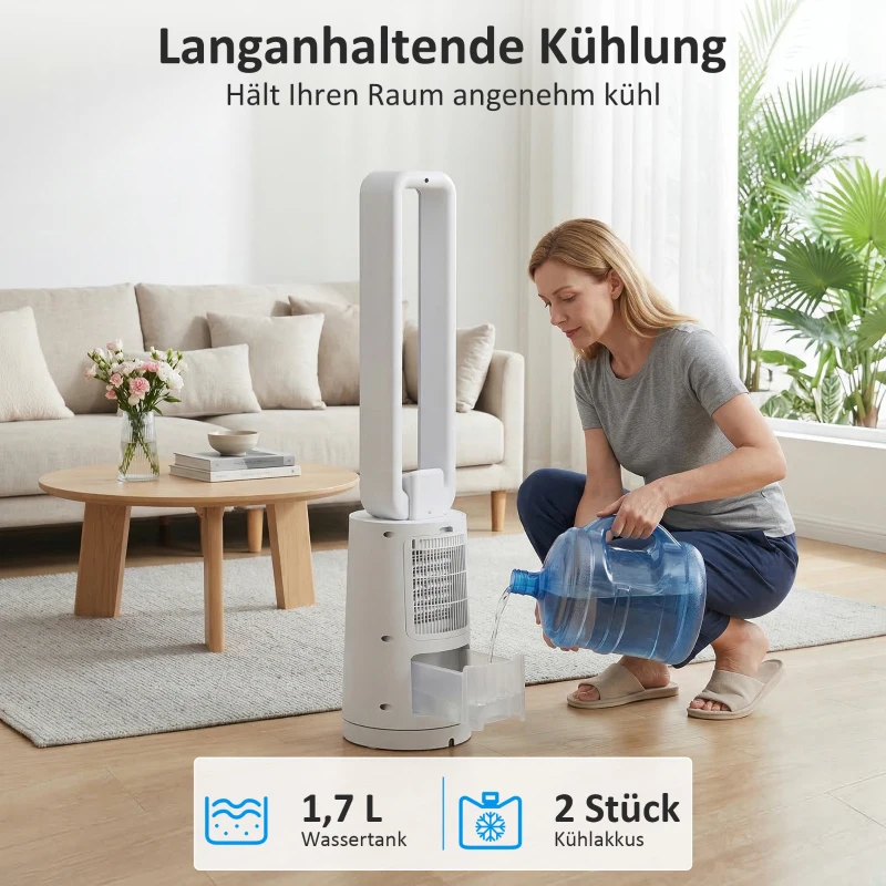 HOMCOM Verdunstungsluftkühler mit Fernbedienung, 15-Stunden-Timer, Kühlakku für Zuhause und Büro, Weiß