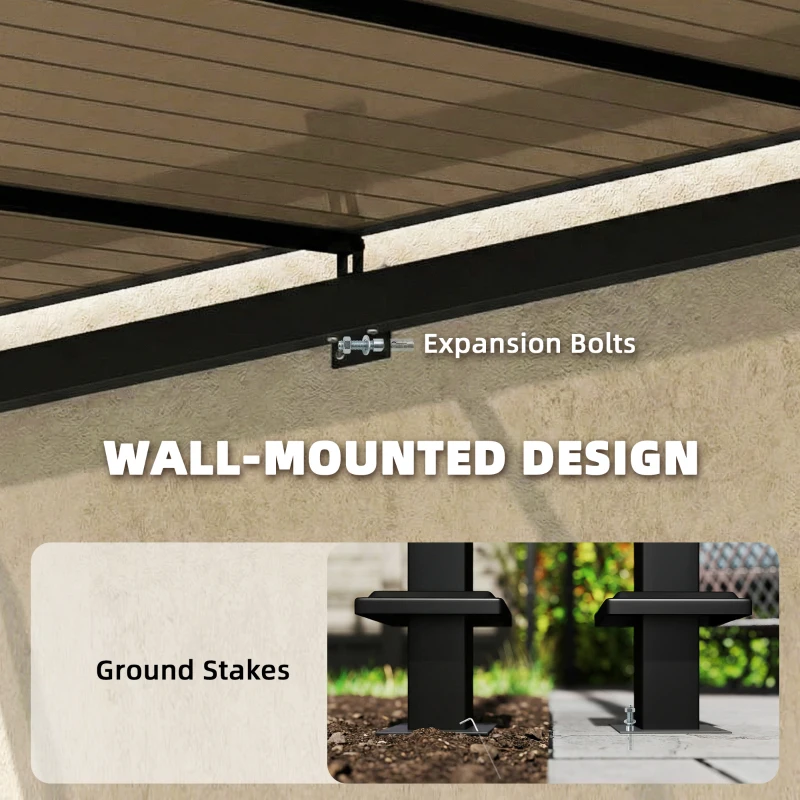 Outsunny 3 x 2.87 m Metal Lean-to Pergola, Wall-Mounted Hardtop Garden Pergola with Polycarbonate Roof and Metal-Aluminium Frame