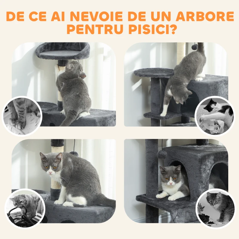 PawHut Arbore pentru Pisici Înalt de 140 cm cu 2 Cuști, Pat și Hamac pentru 2-3 Pisici, Acoperit cu Pluș, Gri